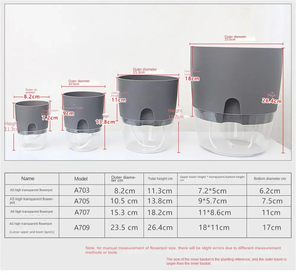 Transparent Double Layer Plastic Flower Pot Hydroponic Home Vase Self Watering Flowerpot Cotton Rope Watering Small Plant Pot