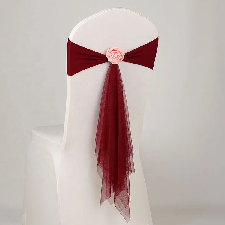 HOT SALE LONGSUN Organza chair sash bows with removable decorative artificial rose flower for wedding banquet