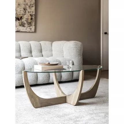 Japandi Oak tempered glass table wabi sabi dinning table set modern simple design coffee table