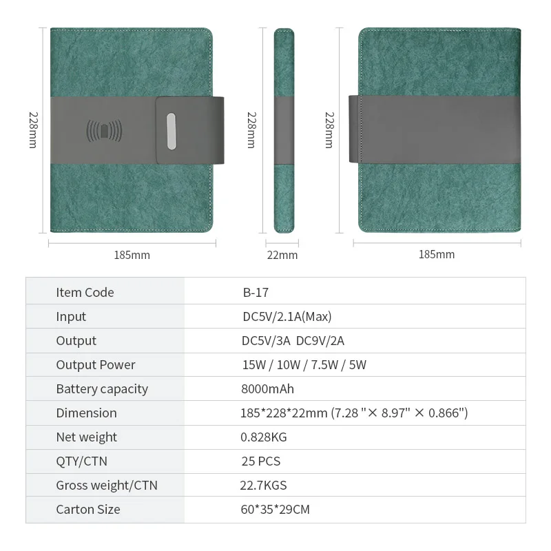 New Design Wholesale A5 15W Wireless Charger and Super Fast Charging Power Bank Notebook Custom logo With Exquisite Gift Box