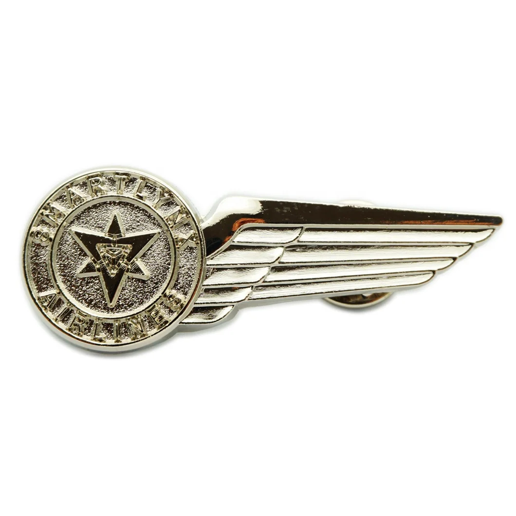 High Quality Wholesale Oem and Odm unique silver badge personalized vintage brass stamping 3D metal wings pin