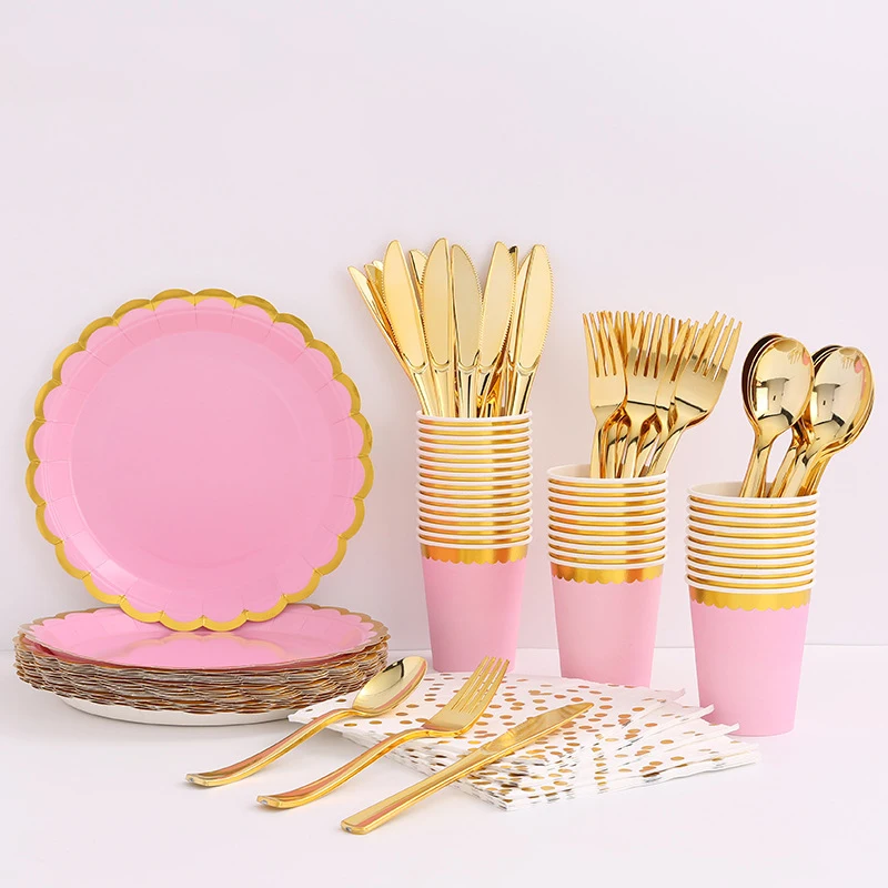 Popular Printed Color Gold Disposable Happy Birthday Party Paper Food Events Decoration Plates Dinnerware Supplies Kits