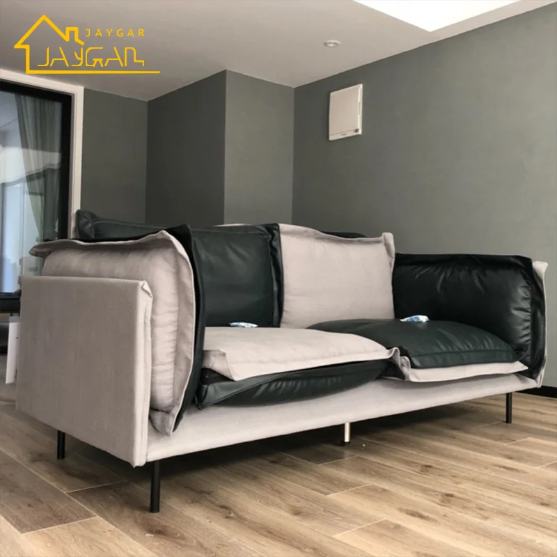 Home furniture 2 piece sectional with chaise modern L shape sofa set mixing leather and fabric corner sofa