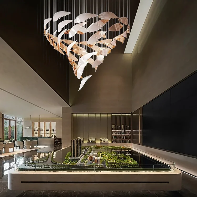 Custom popular style hotel art large feather chandelier for staircase long villa hanging light