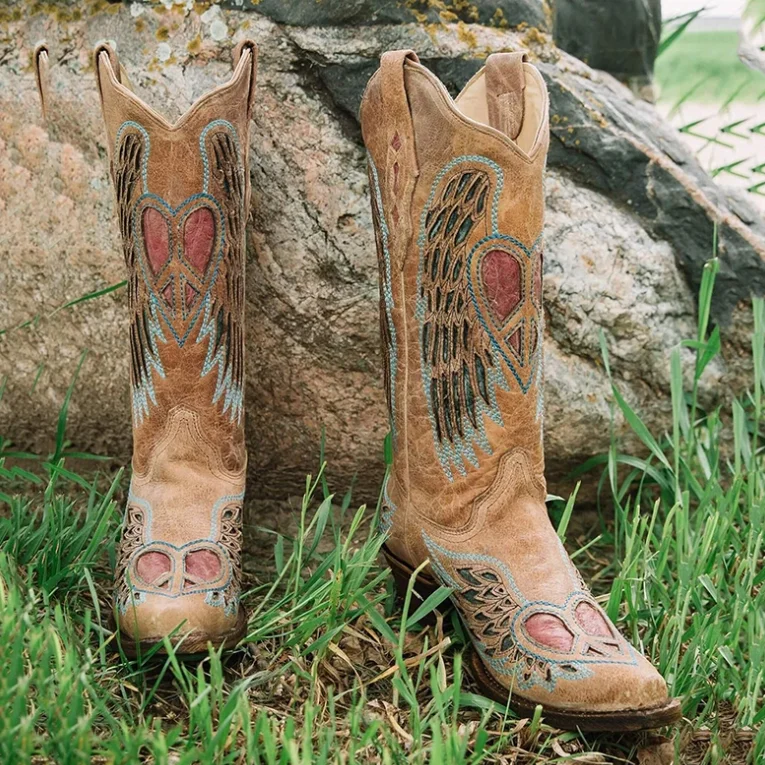 
Cowinner Woman Inlay Embroidered Cowgirl Boot Embroidery Inlay Leather Boots Snip Toe 