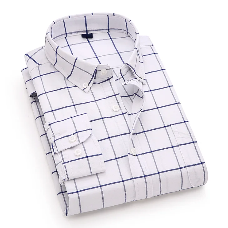 Mens Dress Shirt Soft 100% Cotton Smart Casual Slim-fit Plaid Shirt