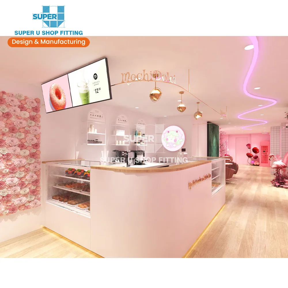 Pink Style Retail Drink Store Design Custom Milk Tea Store Interior Decoration Boba Tea Shop Counter for Matcha Tea Design