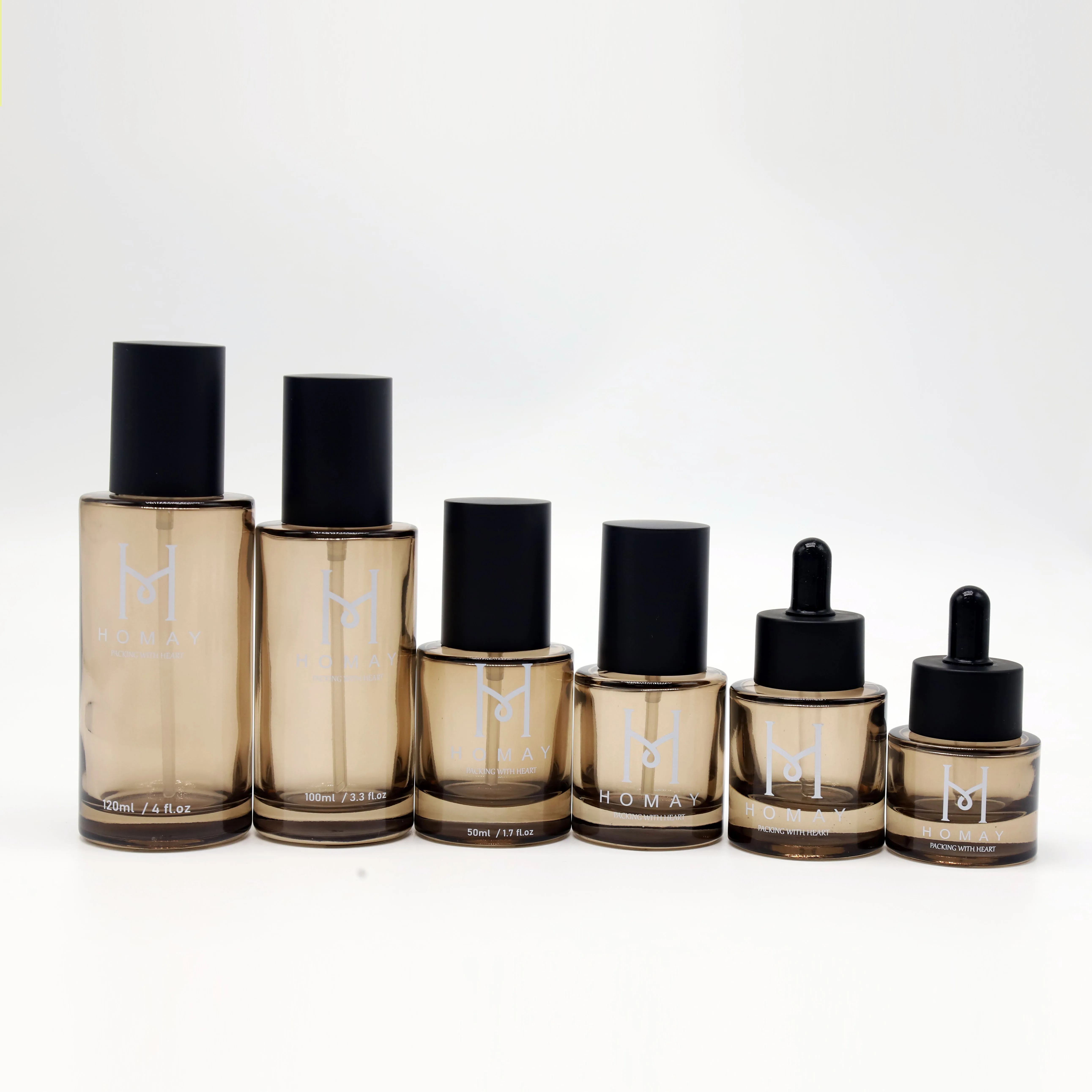 Homay packaging high ended 10ml 20ml 30ml 50ml 100ml amber glass lotion bottle set for facial care products