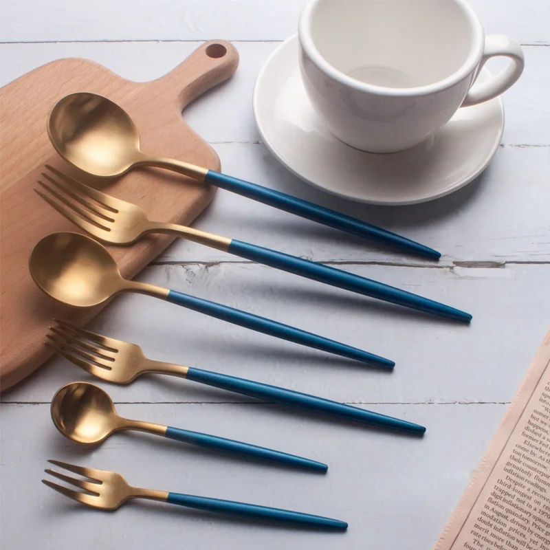 
2021 new arrivals customizable logo hot selling cutlery stainless steel blue gold flatware, spoon and fork 