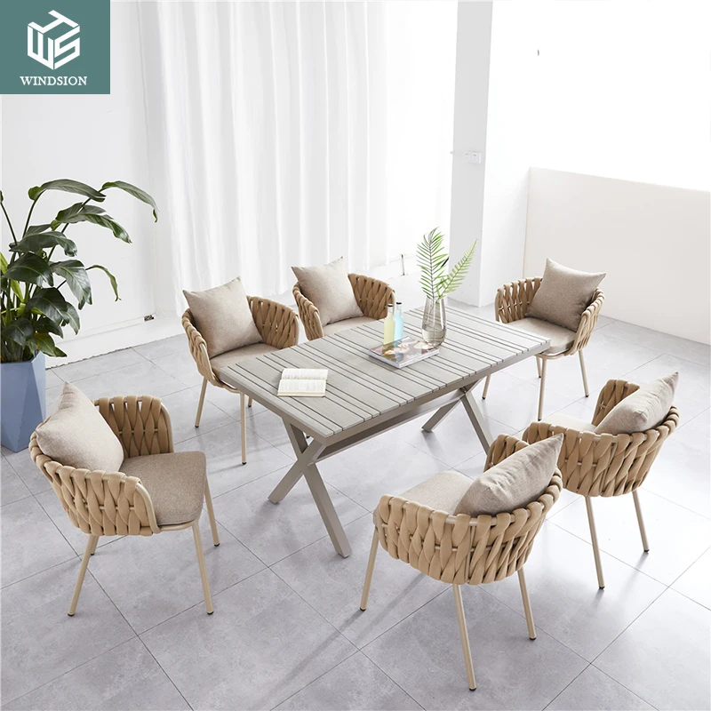 Hotel furniture Home Essential Waterproof Durable Stylish Garden Aluminum Woven Rope Chair Nautical Rattan Rope Dinner Chair