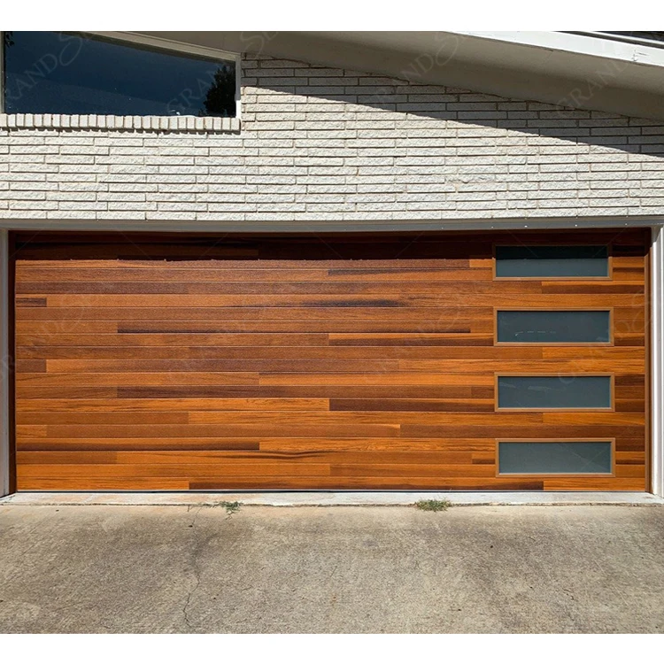 Modern Sectional Insulated Panel Anti Rust Aluminium Wooden Grain Automatic Steel Garage Door With 4 windows