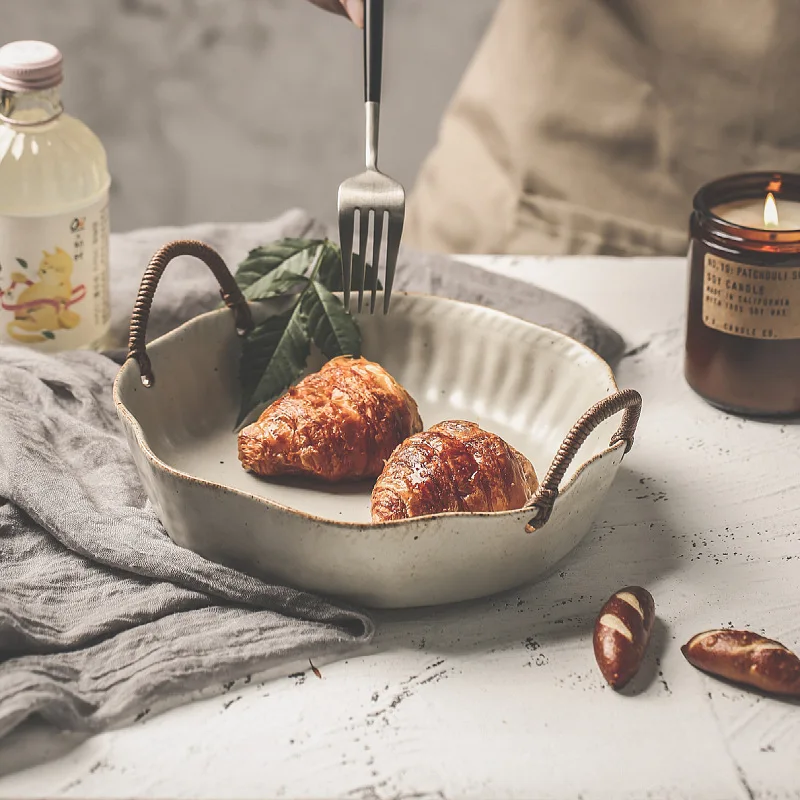 Retro Japanese Ceramic Soup Bowl Breakfast Dessert Fruit Bread Dim Sum Salad Mixing Bowls With Rope Handle Restaurant Tableware