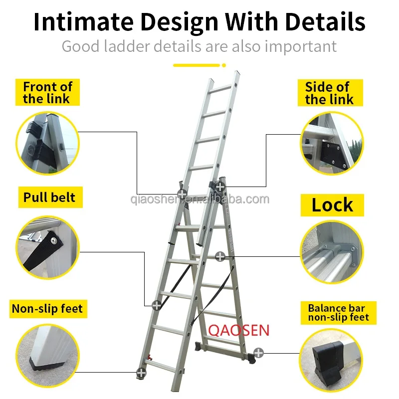 3 Section Extension Ladder Aluminum Silver Multipurpose 7 Steps  Work Stairs