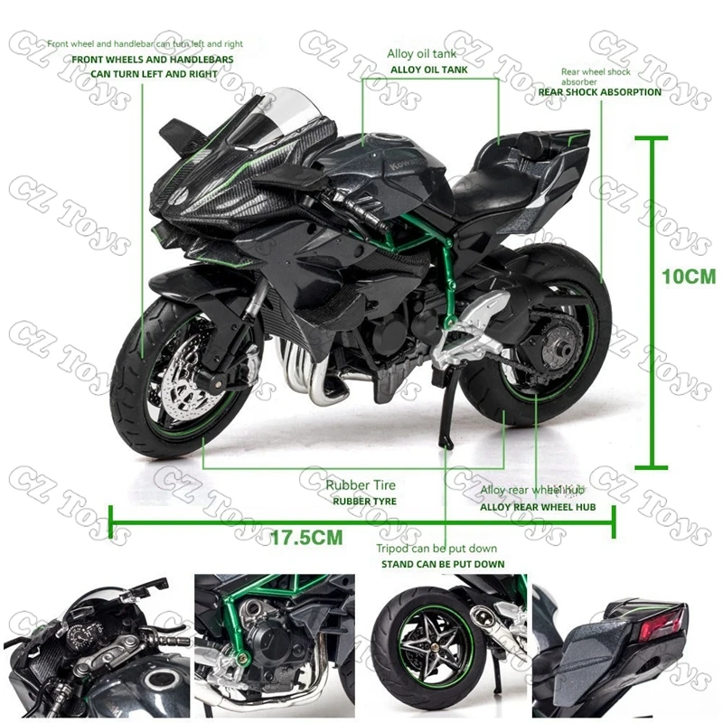 Diecast 1:12 Ducati Kawasaki Ninja H2R with sound and light front-wheel steering ornament Metal model motorcycle alloy model