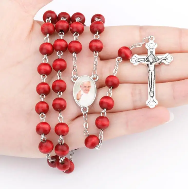 Spot hot selling bishop Pope figure Rosary Beads Necklace big red wood beads Catholic Rosary Beads