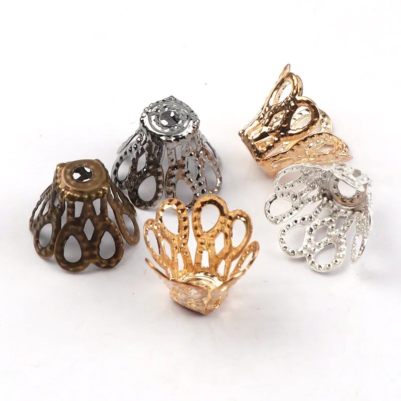 100pcs/bag 9x11mm Vintage Filigree Metal Cup Hollow Flower Spacer Beads End Taps Pendant DIY Charms Connectors