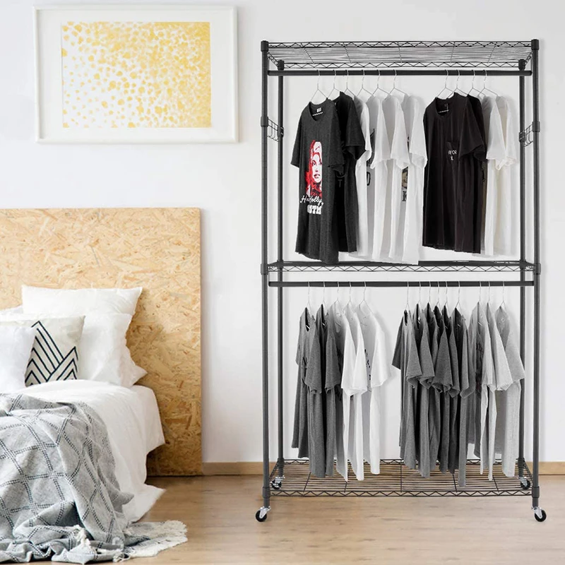 Garment Storage Shelf Clothing Rack with Double Clothes Hanging Rods and Lockable Wheels