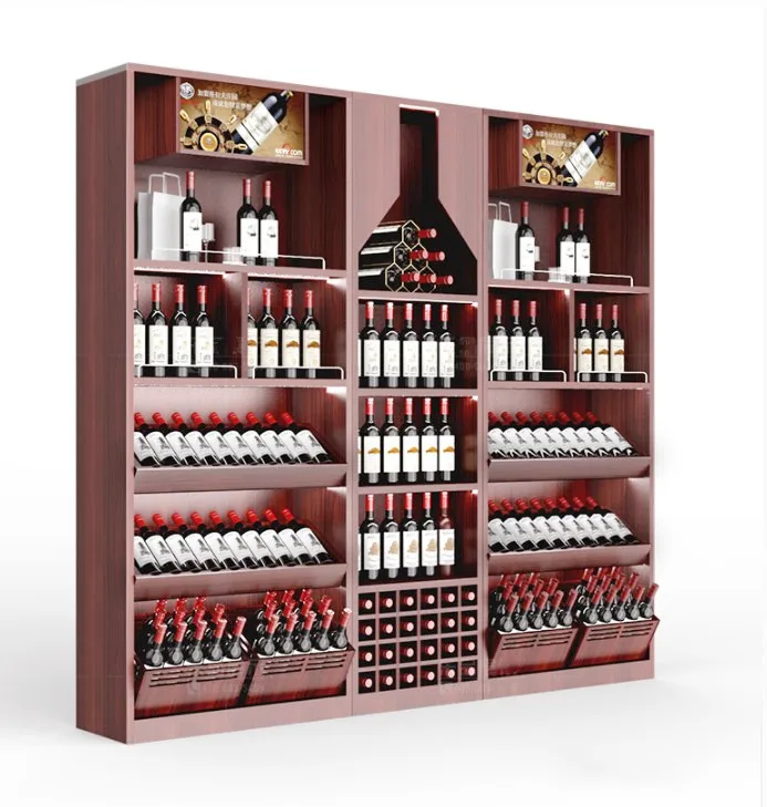 supermarket wooden Vin rouge display cabinet,red wine display rack for retail store