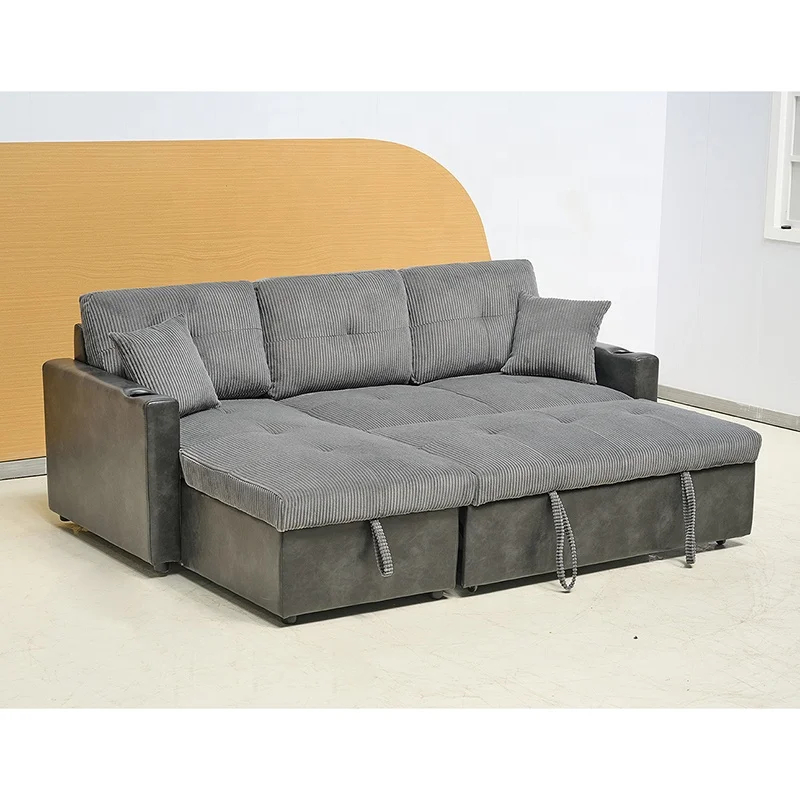 Corduroy Fabric And Synthetic Leather  Upholstered Sofa Bed Living Room Sofa Bed With Cupholders Foldable Sofa Couch Furniture