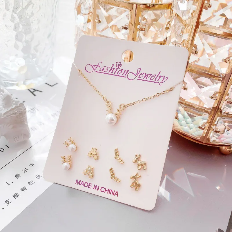 Christmas Jewelry Set Gift Pearl Crystal Christmas Santa Claus Snowflake Deer Star Snowman Necklace Earrings  Set for Kids Girls