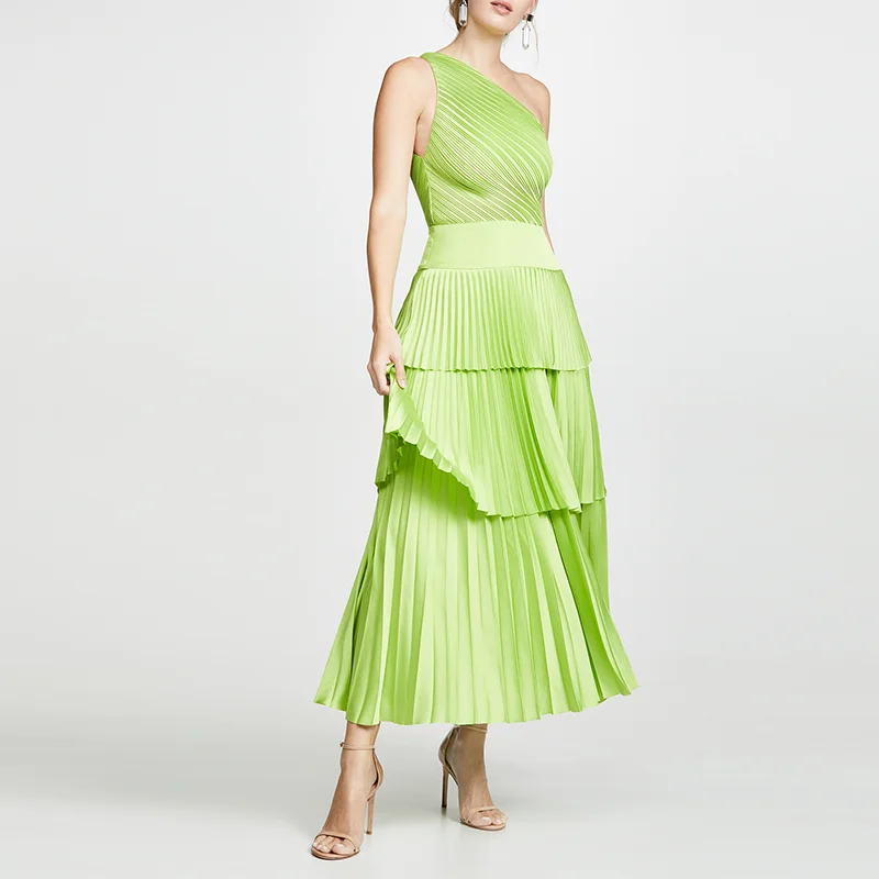 Sexy Neon Green Chiffon  One Shoulder  Slope Neck  Pleated  Layered Party  Dress Women