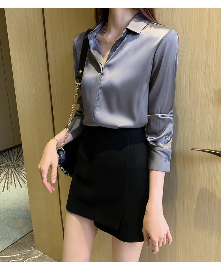 Autumn Spring Fashion Button Up Satin Shirt Vintage Blouse Women White Lady Long Sleeves Female Loose Elegant Shirts