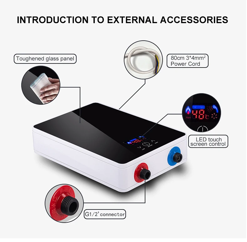 New design 3.5KW led display mini tankless electric instant shower water heater for multi-application scenario