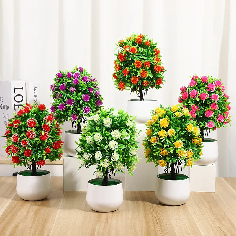 Yopin-2294 Artificial Rose Plants With Pot Home Decorative Potted Rose Plants