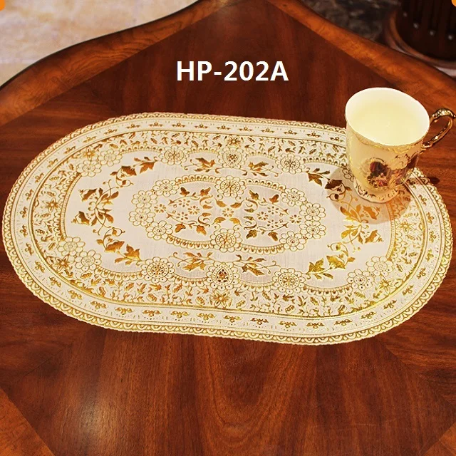 Oval /Rectangle oblong shape golden pvc lace placemats pvc dining table mat doilies 30*46 cm