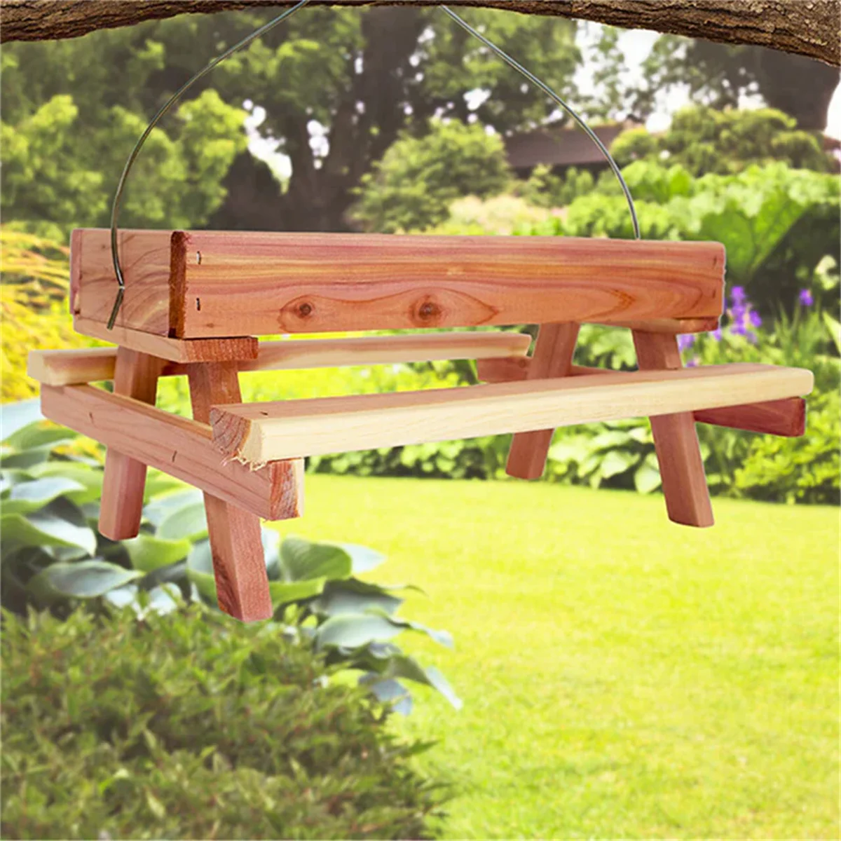 WILDMX Handmade Outdoor Natural Garden Hanging Bird Feeder  Cedar Picnic Table Feeder