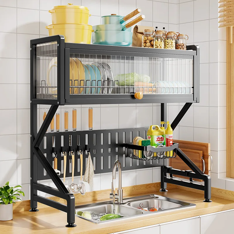 Full Cover Anti Dust Metal Unique Detachable Organizer Dish And Bowl Storage Rack Kitchen Sink Cabinet Organizer Dish Rack