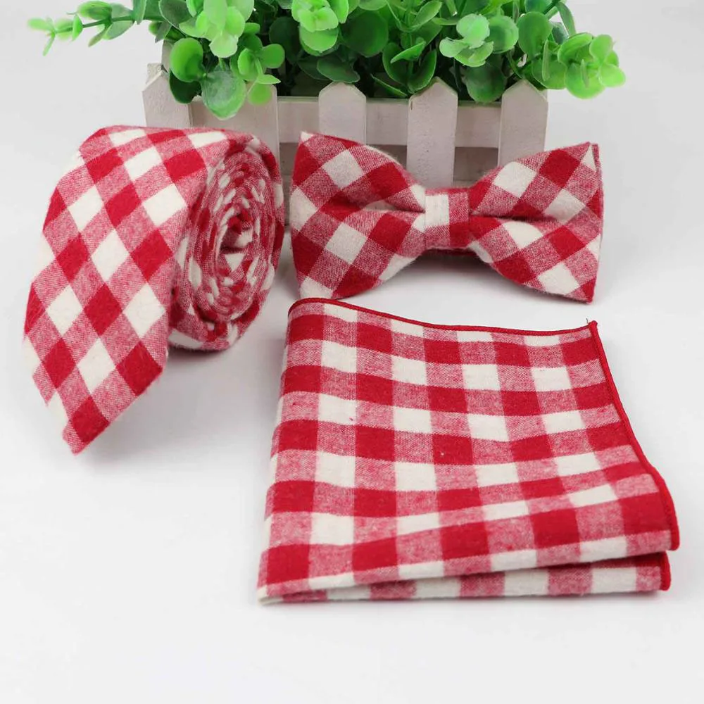 Cotton Neck Tie Set For Men Slim Necktie Strip Tartan Hankerchief Bowtie Set Papillon Wedding Cravat Butterfly Corbatas