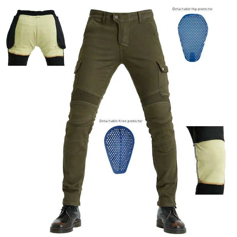 ZN-Olive green color high quality kevlaring inside padding motorbike denim pants for men