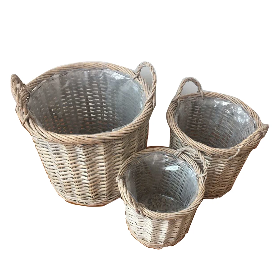 Willow Storage Baskets With handle Plastic Lining Weave Wicker For Planting Flower Pot