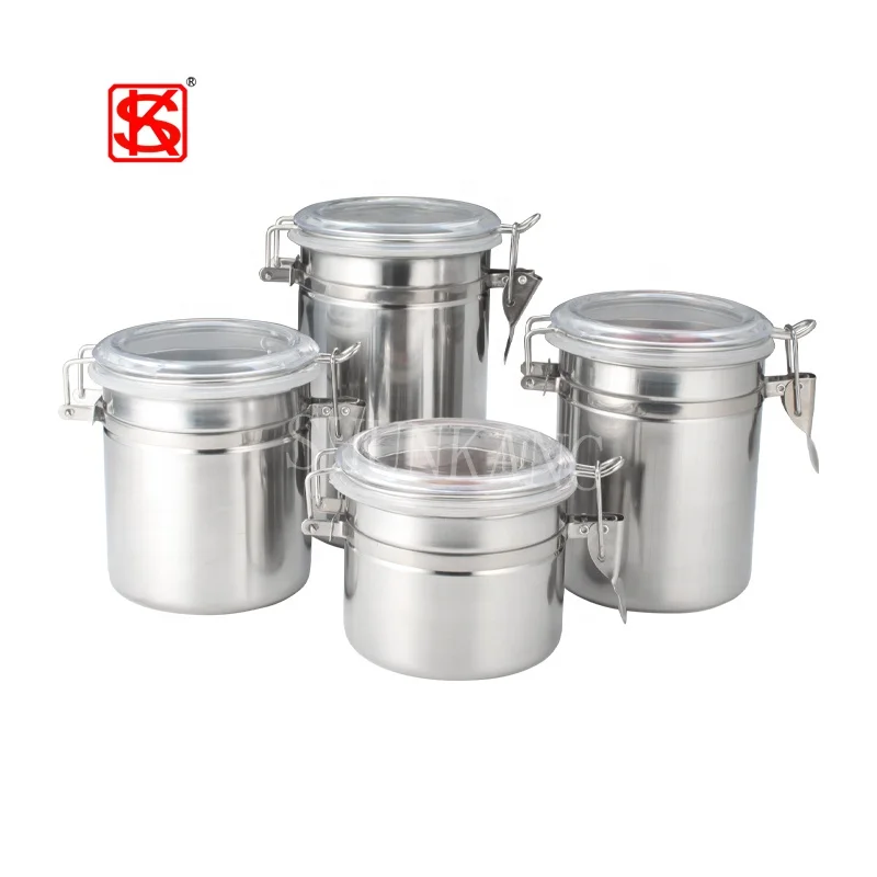 4pcs Food Container Airtight Round Kitchen Stainless Steel Coffee Sugar Tea Bottles Seasoning Jar Canister Set