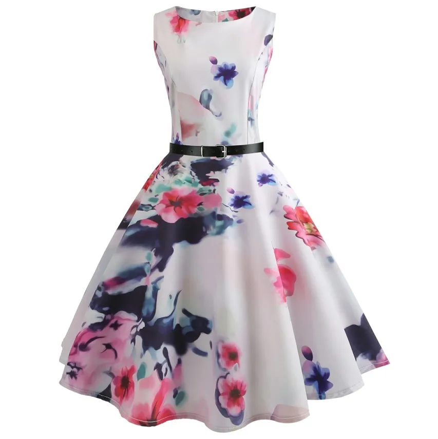 Elegant Classic vintage dresses retro 1950s 60s O Neck Printed Floral A Line Casual dresses With Belt Big Hem Party Dresses