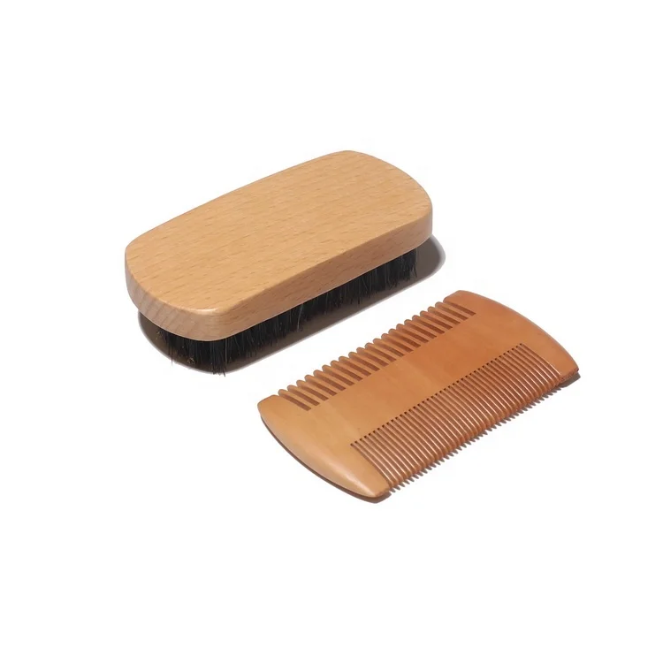 Wholesale Customized  Beech Wooden Boars Hair Beard Brush And Comb Set