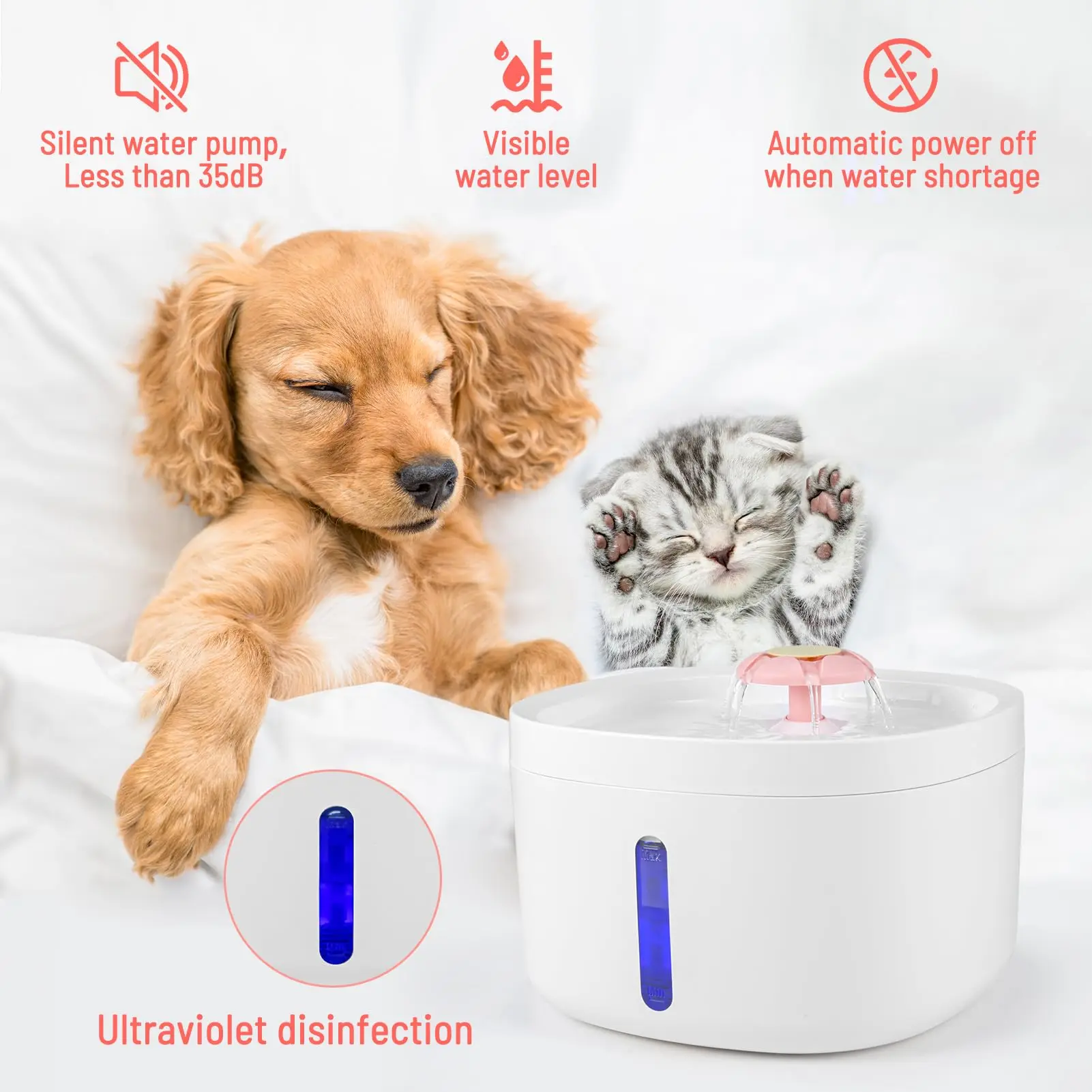 Petdom 2.6L Cat Auto Drinker Smart Water Dispenser Automatic Feeders & Water Stainless Steel Pet Water Fountain for Cats 0.5W