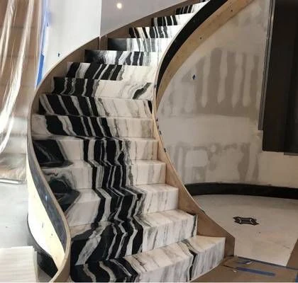 natural stone Curved stairs design  glass staircase railing tiles tread white panda marble stairs