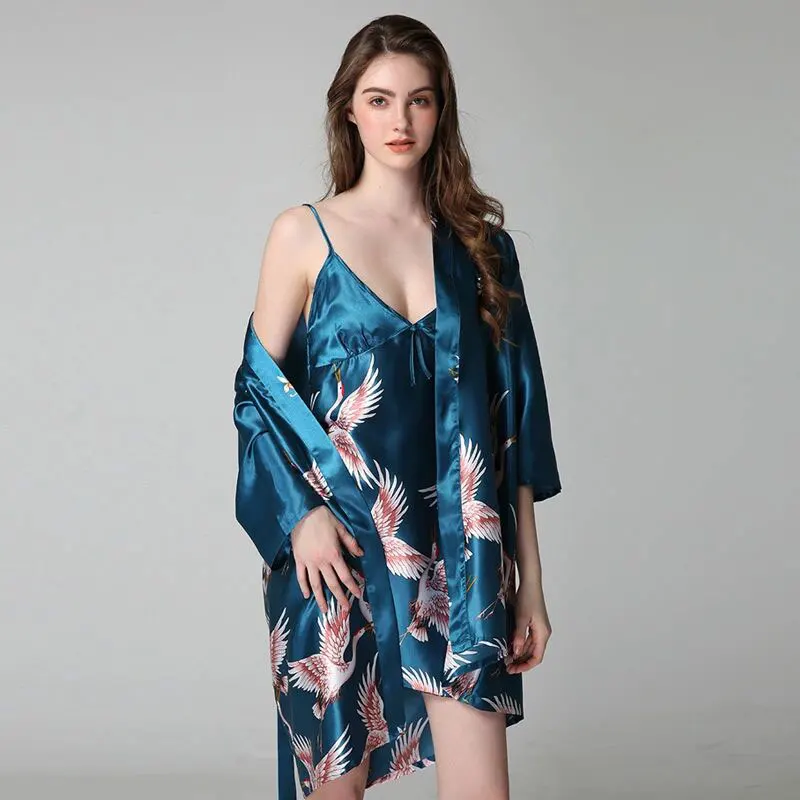 Белая женская ночная рубашка, атласная шелковая одежда для сна, женская пижама, банный халат с принтом долларов, шелковый халат с вышивкой, Шелковый пижамный комплект для женщин