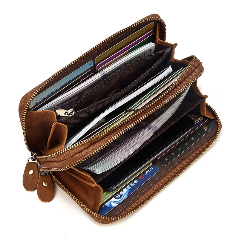 Crazy horse leather phone wallet men pocket hand purse long clutch wallet men