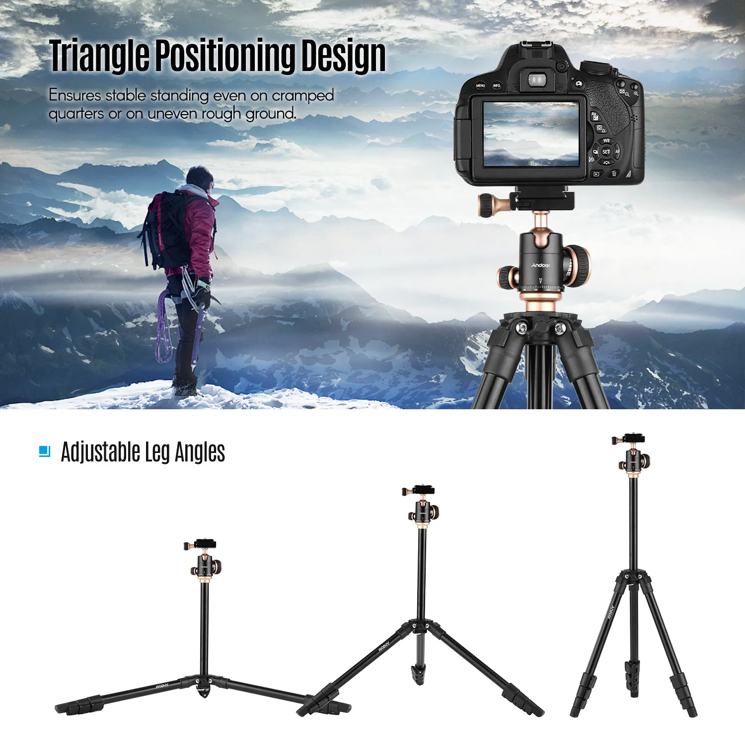 Andoer Q160SA Adjustable Height Portable Travel Camera Tripod Stand Complete Tripods for
