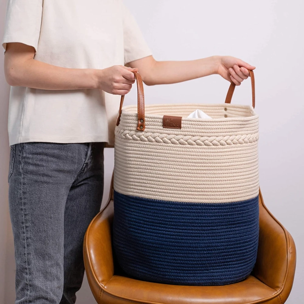 Cotton rope woven laundry plant handmade thread large storage basket with handles
