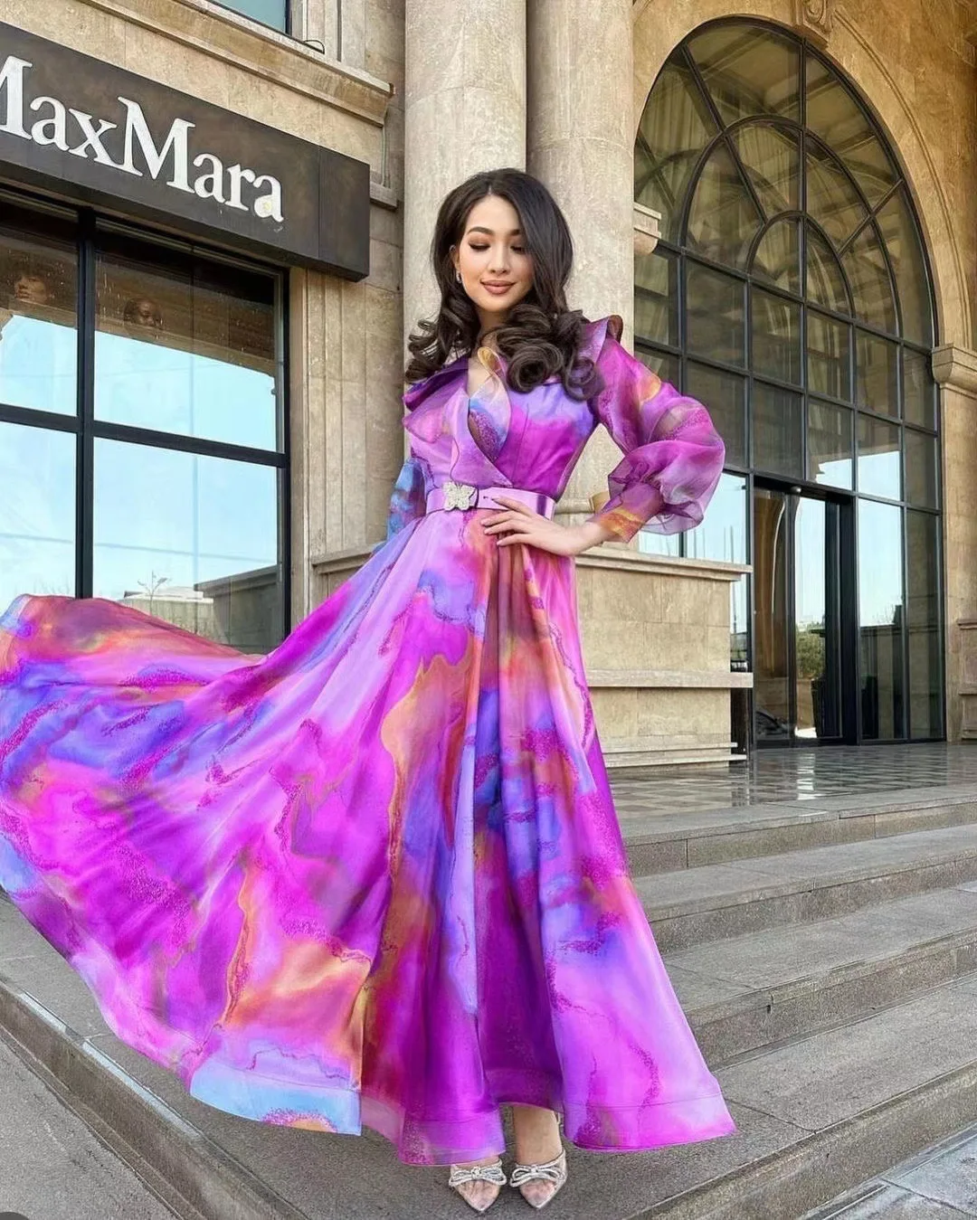 Summer new arrival fashion sexy casual print net yarn A-line dress long sleeve elegant party long dress plus size women clothing