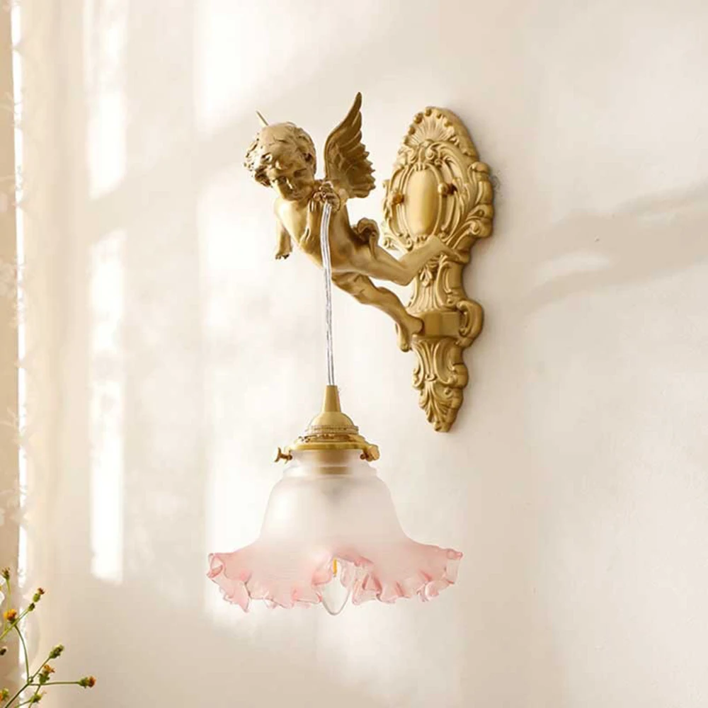 Retro french brass wall lamp hotel bedroom aisle staircase wall angel crystal decorative light background wall copper light