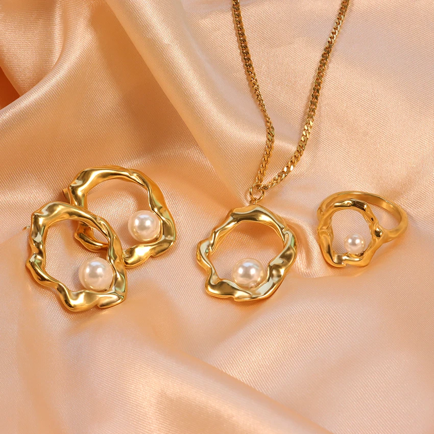 New Design Irregular Shape Jewelry Set 18k Gold Plated Stainless Steel Geometric Irregular Pearl Ring Earrings Necklace