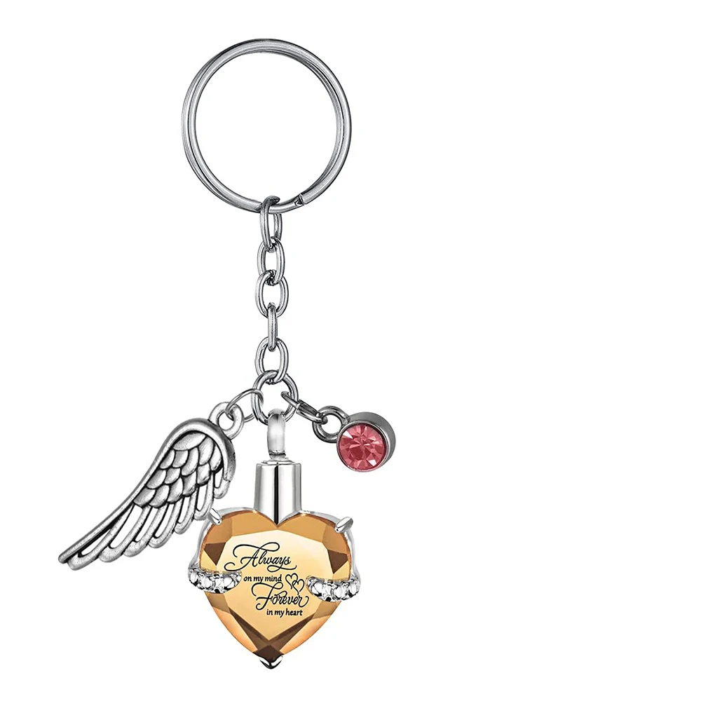 Heart with Birthstone and Angel Wing Pendant Memorial Key Chain Cremation Urn for Ashes Keepsake Key Ring Jewelry to Men Women