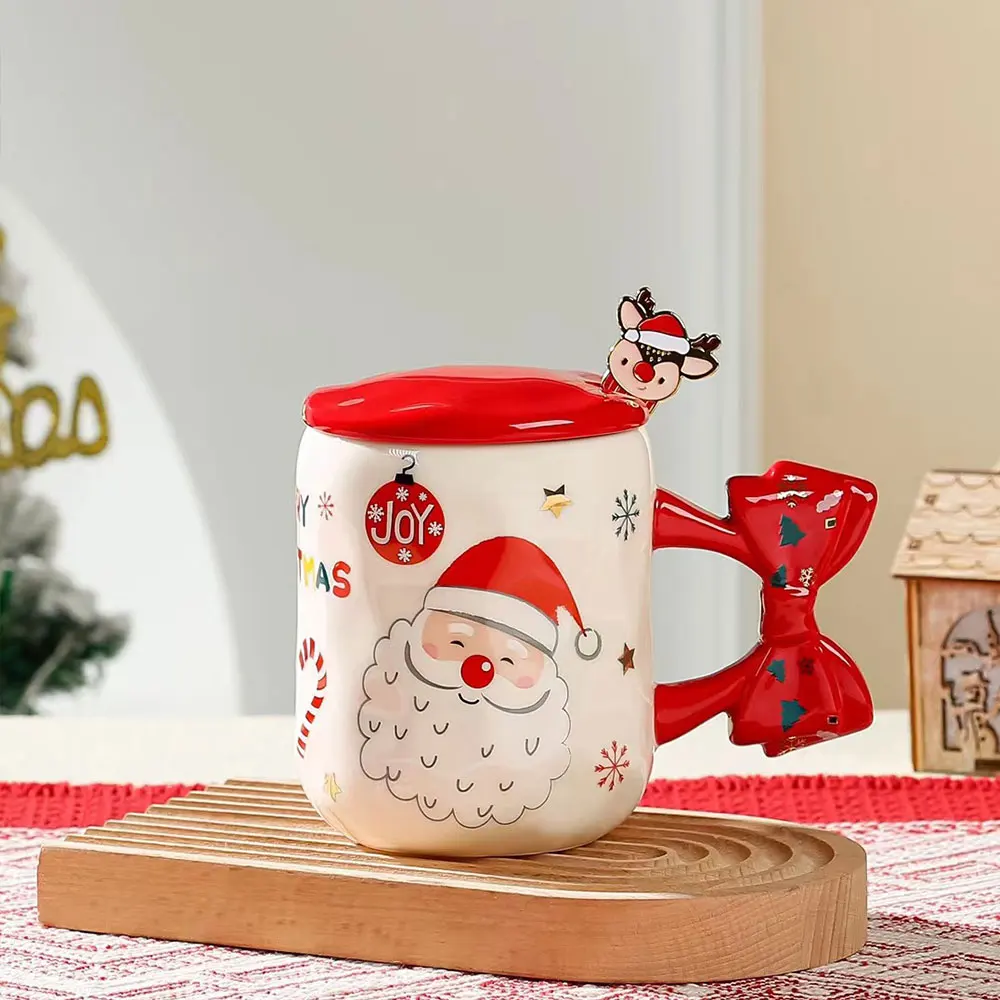 Wholesale funny Christmas mug 450ml daily bow handle ceramic coffee mug with spoon and gift box