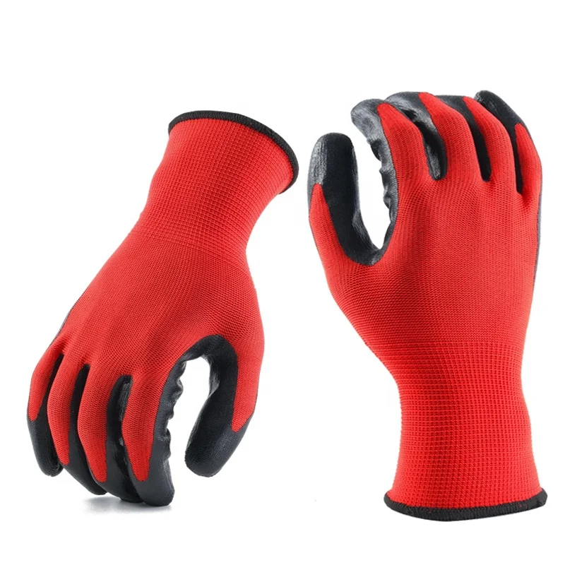 CE standard 13 guaged red nylon polyester liner black  Nitrile coated guantes industriales garden gloves
