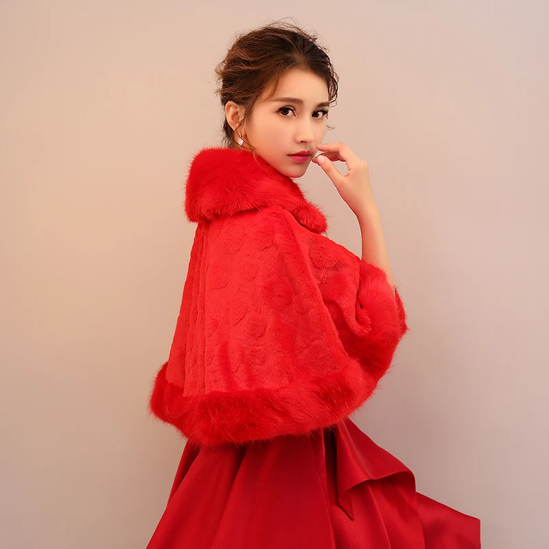 
Red short thick fur collar shawl new bride wedding accessories wholesale hot winter new plush shawl 